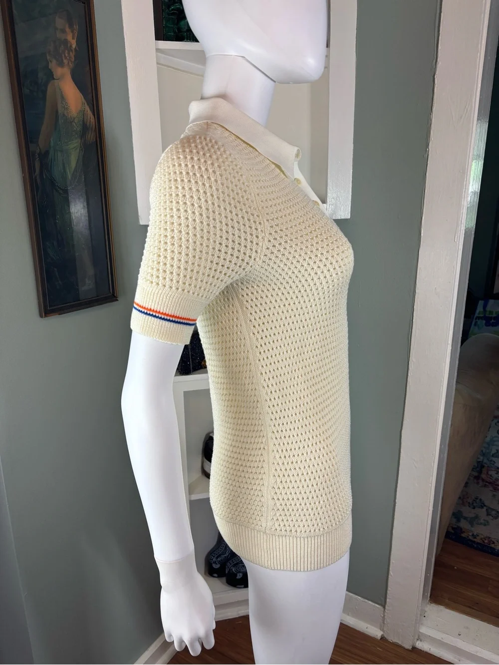 Tory Burch Cream Open Knit Crochet Sweater Pointelle Polo Shirt Top S Small